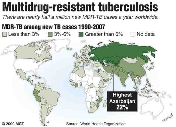 A map of the world representing the number of registered cases of drug resistant tuberculosis in every country